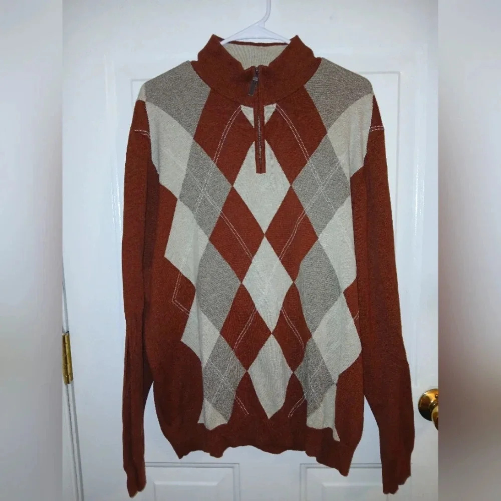 Tasso Elba Men's XL quarter zip argyle brown sweater academia grandpa style